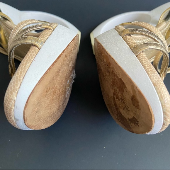 Louis Vuitton Gold Leather Wedge Ankle Strap Sandals Designer Heel Shape - Picture 13 of 15